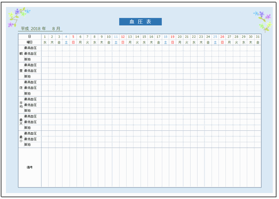 血圧表 Excelテンプレートの無料ダウンロード 日付が自動表示